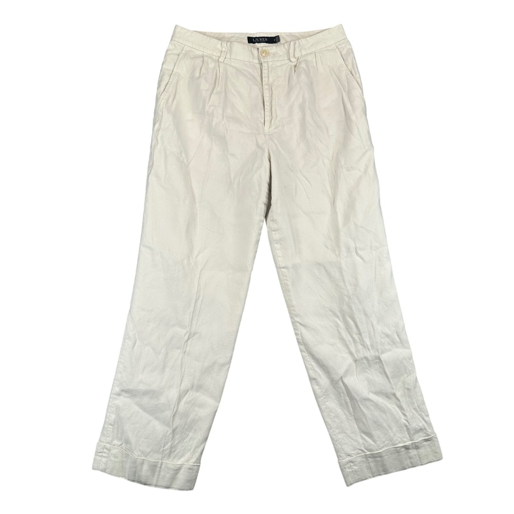 Lauren Ralph Lauren Pants Womans 8 Cream‎ Linen Blend Pleated Wide Leg Trousers